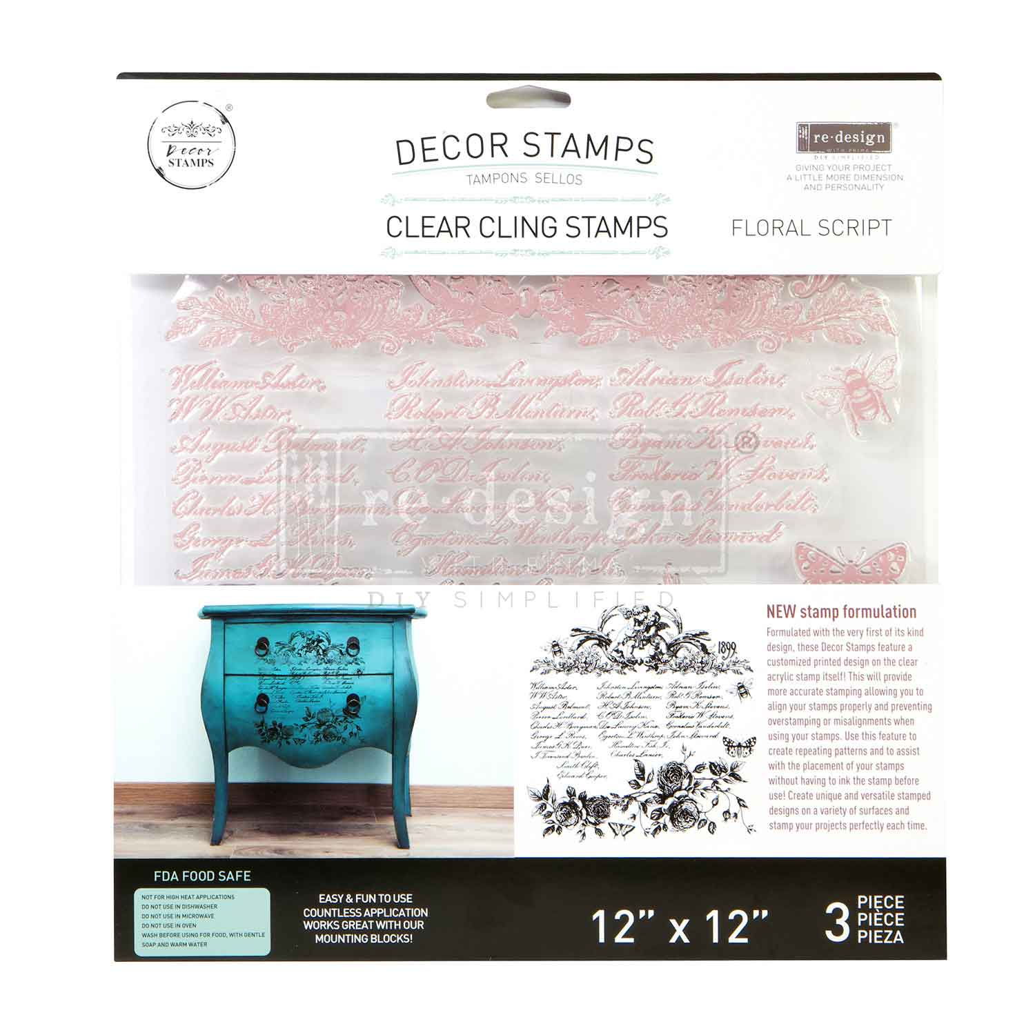 CLEARLY-ALIGNED DÉCOR STAMPS – Floral Script – 12×12 clear cling