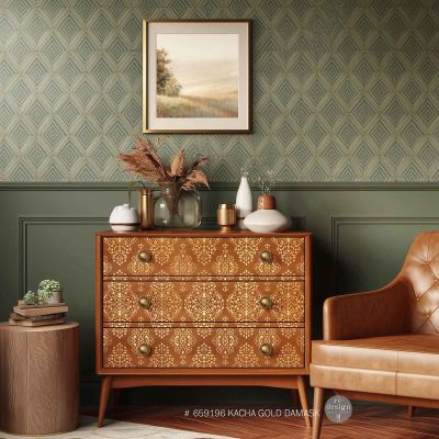 DECOR TRANSFERS® – KACHA GOLD DAMASK – TOTAL SHEET SIZE 24″X35″, CUT INTO 2 SHEETS