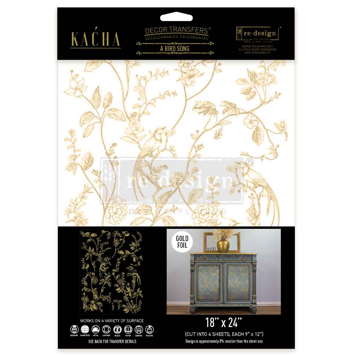 Decor Transfers® Gold Foil Kacha – A Bird Song – total sheet size 18″x24″, cut into 2 sheets