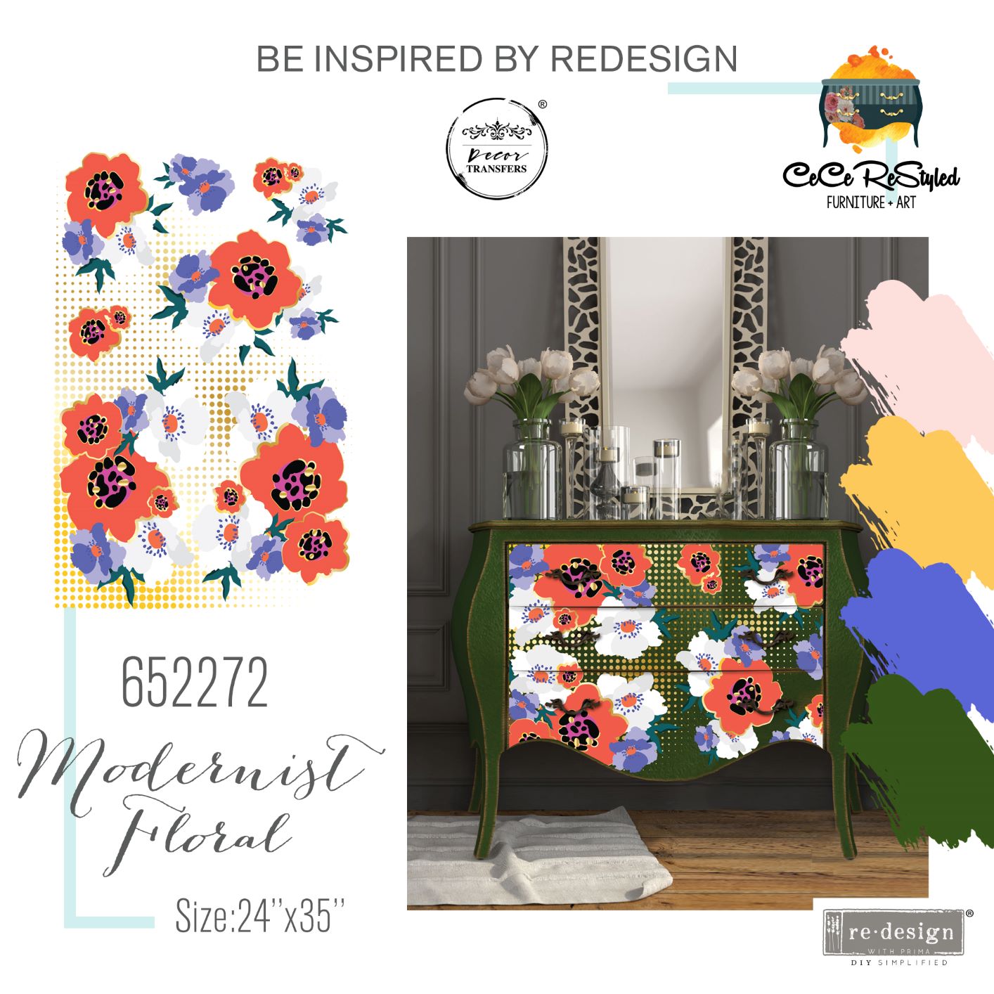 Redesign Decor Transfers® – CECE Modernist Floral – Total sheet size 24″x35″, cut into 2 sheets