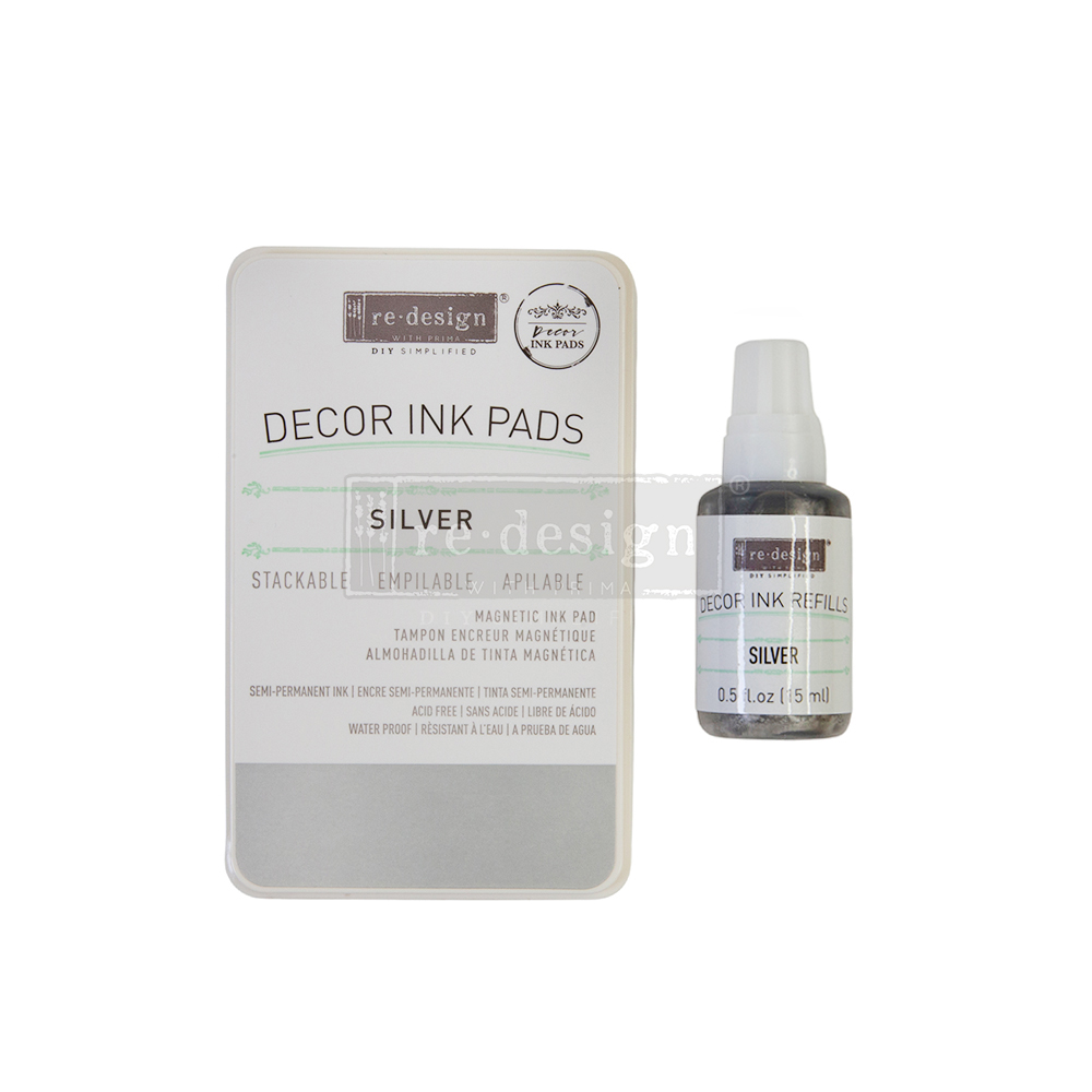 Décor Ink Pad – Silver – 1 magnetic case + dry ink pad + 10ml ink bottle