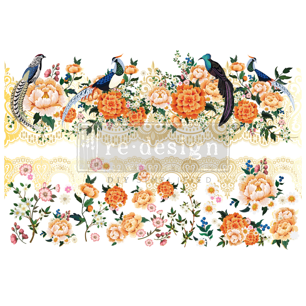 Decor Transfers® – Cece Pheasants & Peonies – total sheet size 24×35, cut into 2 sheets