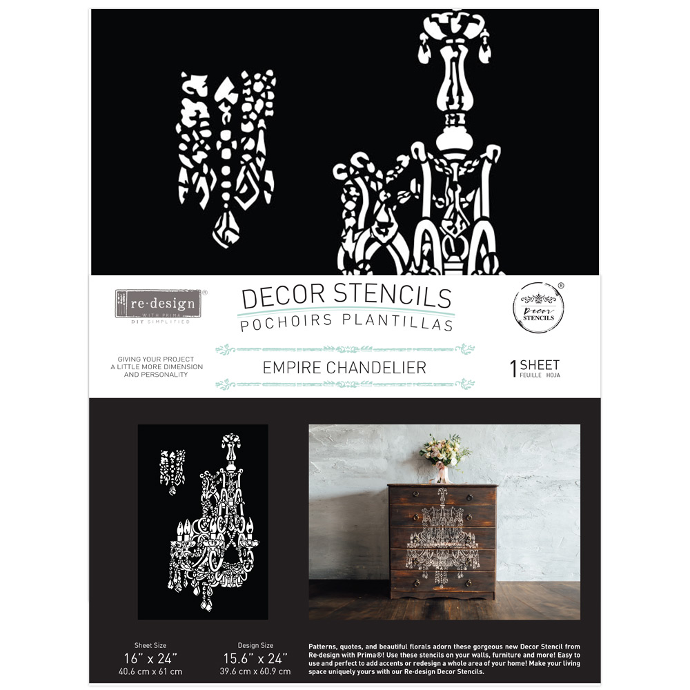 Décor Stencil – Empire Chandelier – 1 pc – design size 15.6″x24″ / sheet size 16″x24″x 16 Mil – Laser cut on 16 mil Mylar