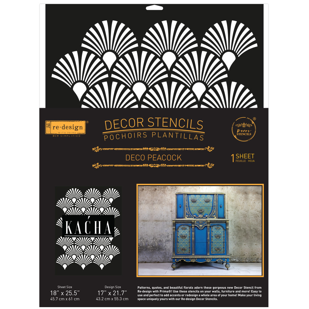 Décor Stencil Kacha – Deco Peacock – 1 pc – design size 17″x21.7″ / sheet size 18″x25.5″x 16 Mil – Laser cut on 16 mil Mylar
