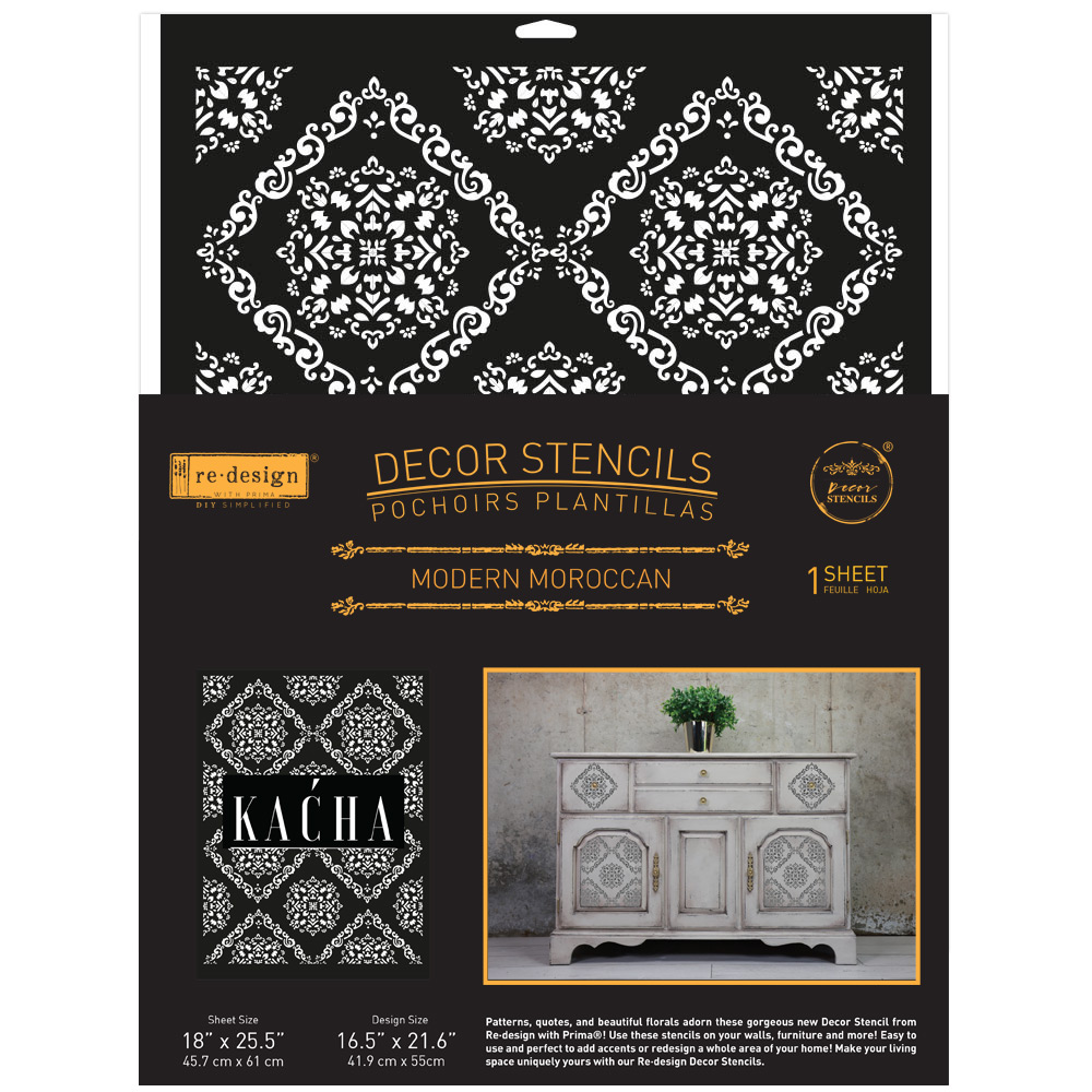 Décor Stencil Kacha – Modern Moroccan – 1 pc – design size 16.5″x21.6″ / sheet size 18″x25.5″x 16 Mil – Laser cut on 16 mil Mylar