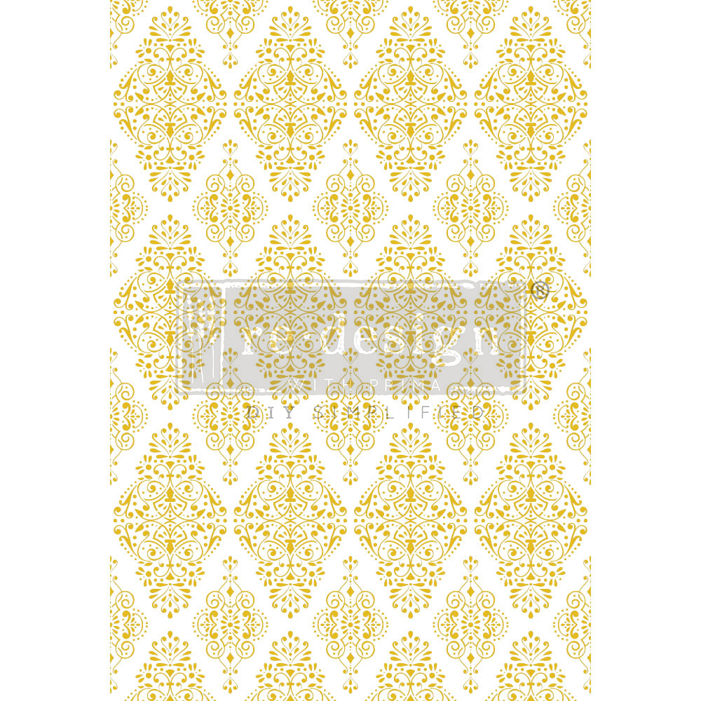 DECOR TRANSFERS® – KACHA GOLD DAMASK – TOTAL SHEET SIZE 24″X35″, CUT INTO 2 SHEETS