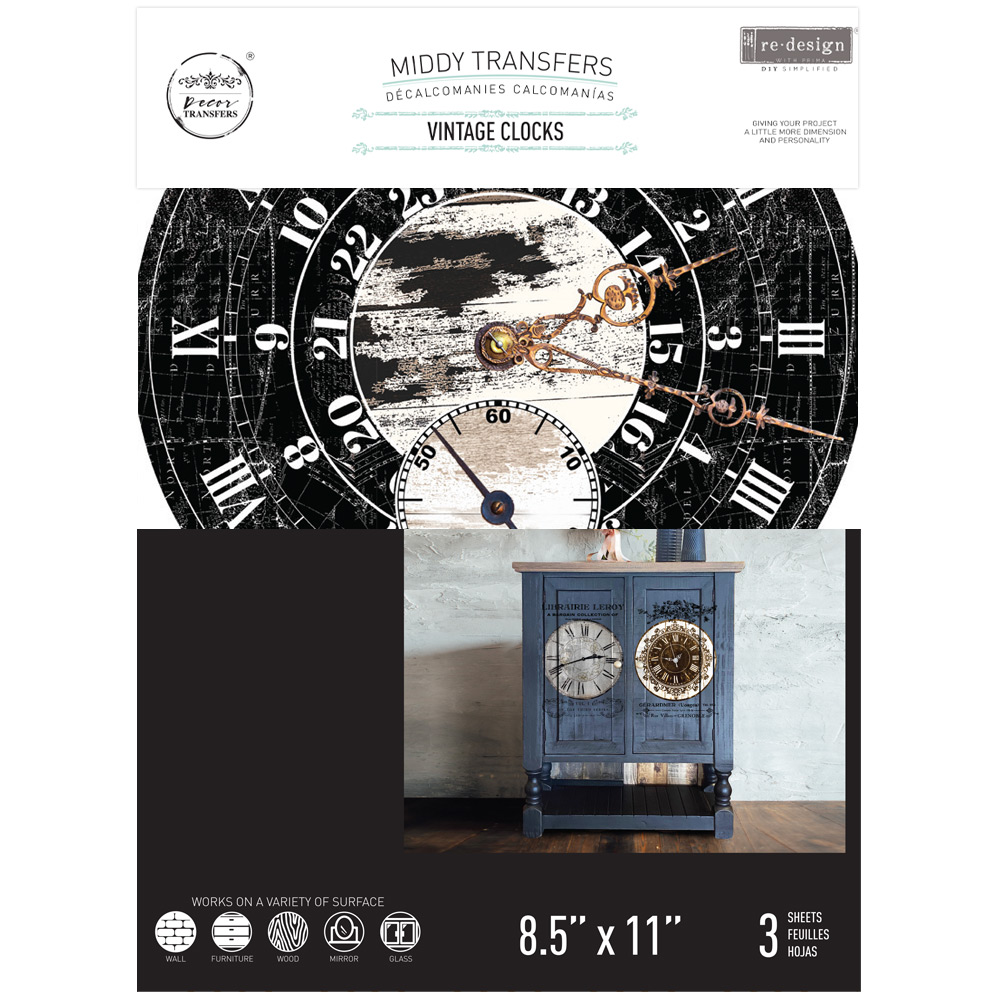 Middy Transfers® – Vintage Clocks – 3 sheets, 8.5″x11″