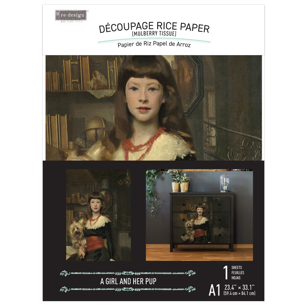 REDESIGN A1 DECOUPAGE RICE PAPER (MULBERRY TISSUE PAPER) – A GIRL AND HER PUP 23.4″X33.1″