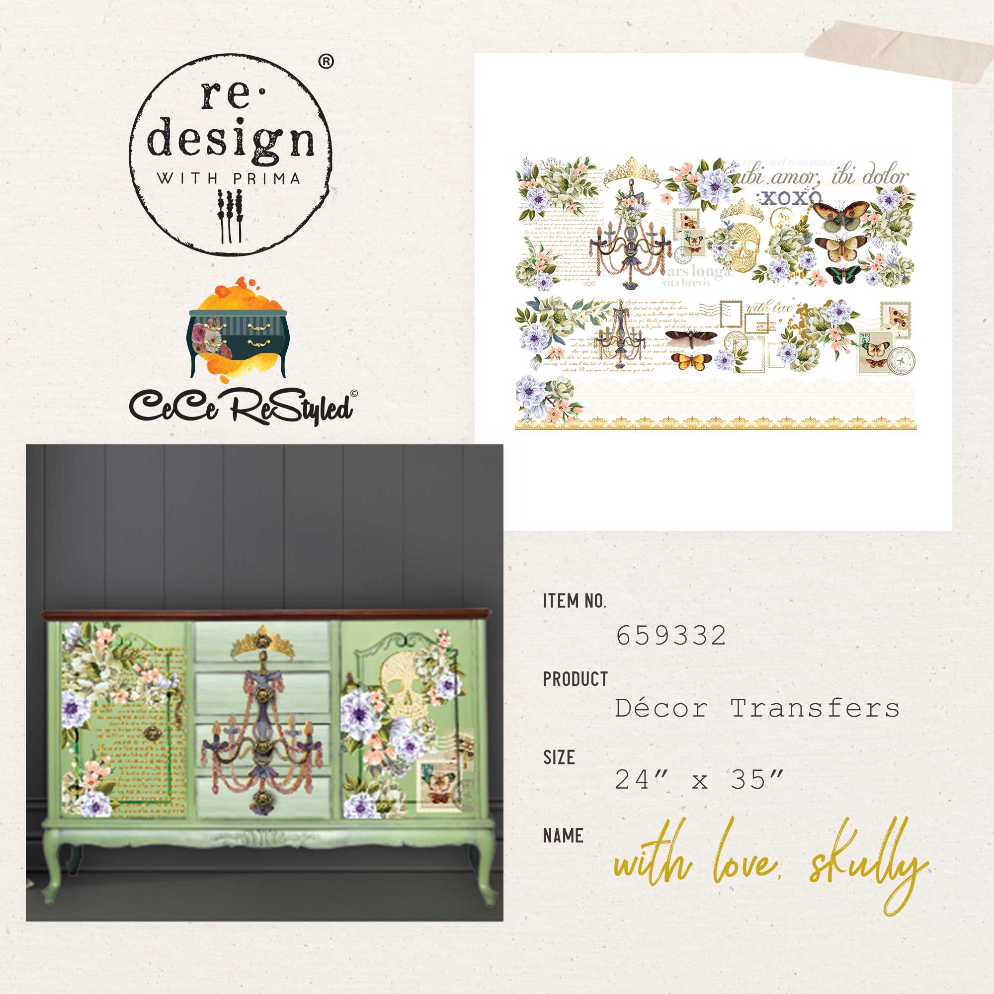 Decor Transfers® 24×35 – Cece With Love, Skully – total sheet size 24″x35″, cut into 2 sheets