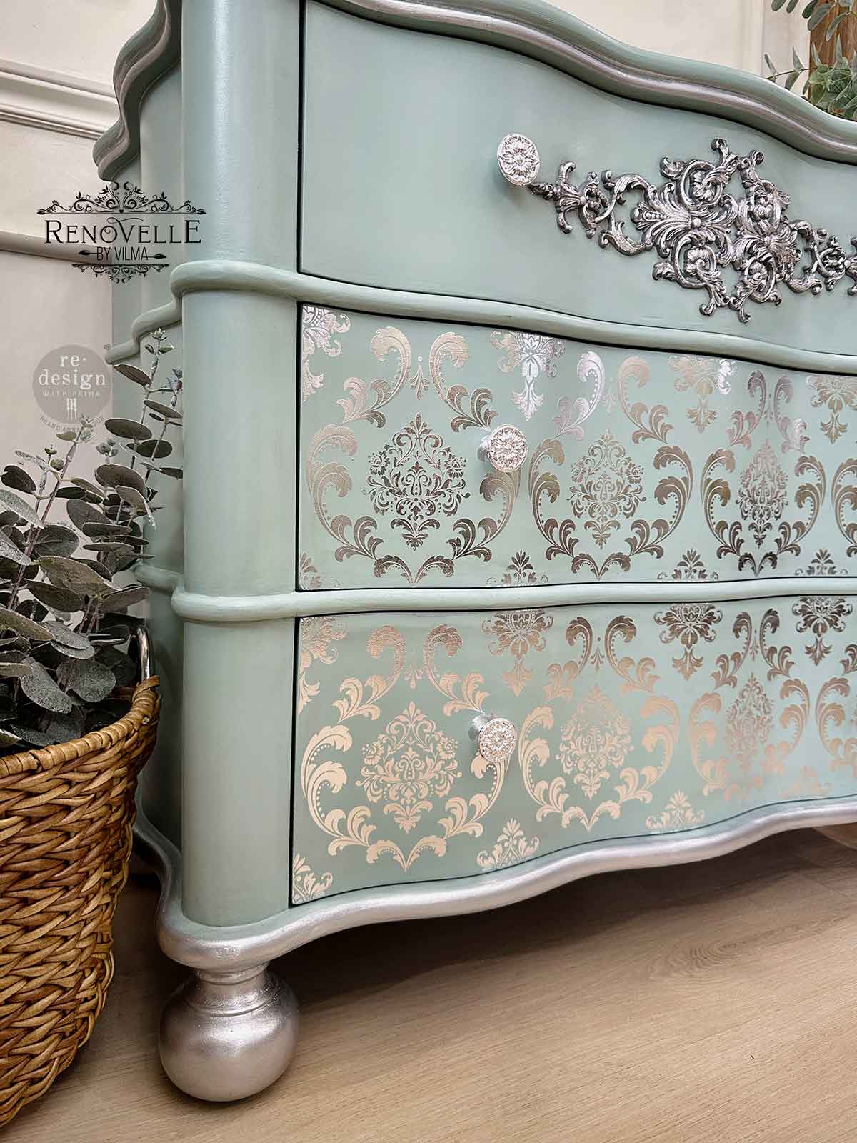 Decor Foil Transfers® Kacha – Silver House of Damask – total sheet size 18″x24″, cut into 2 sheets