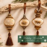 Three vintage-inspired Holiday Heirloom ornaments in ivory, antique gold and warm bronze with metallic details and brown tassels, featured in the Casa Mia August 18 Live tutorial.
