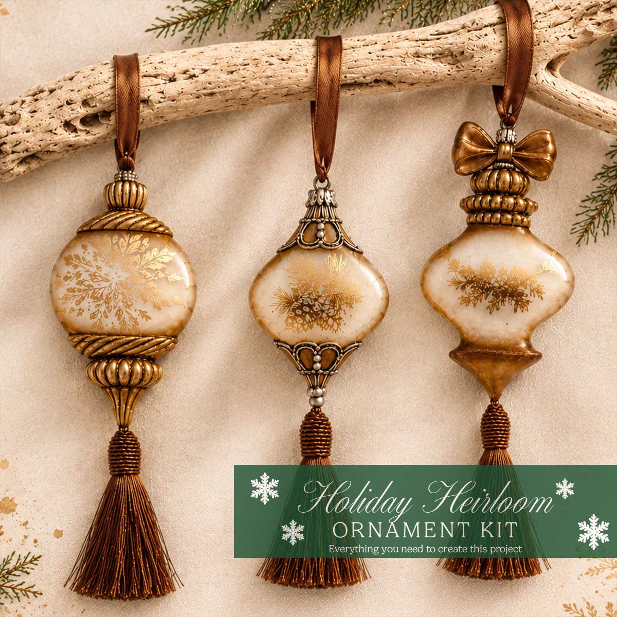 Three vintage-inspired Holiday Heirloom ornaments in ivory, antique gold and warm bronze with metallic details and brown tassels, featured in the Casa Mia August 18 Live tutorial.